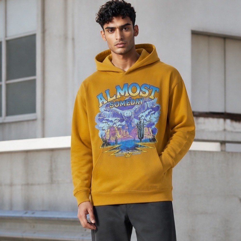 Almost Someday‎ Men Graphic Hoodie Mustard Yellow Owl Desert Print Size S